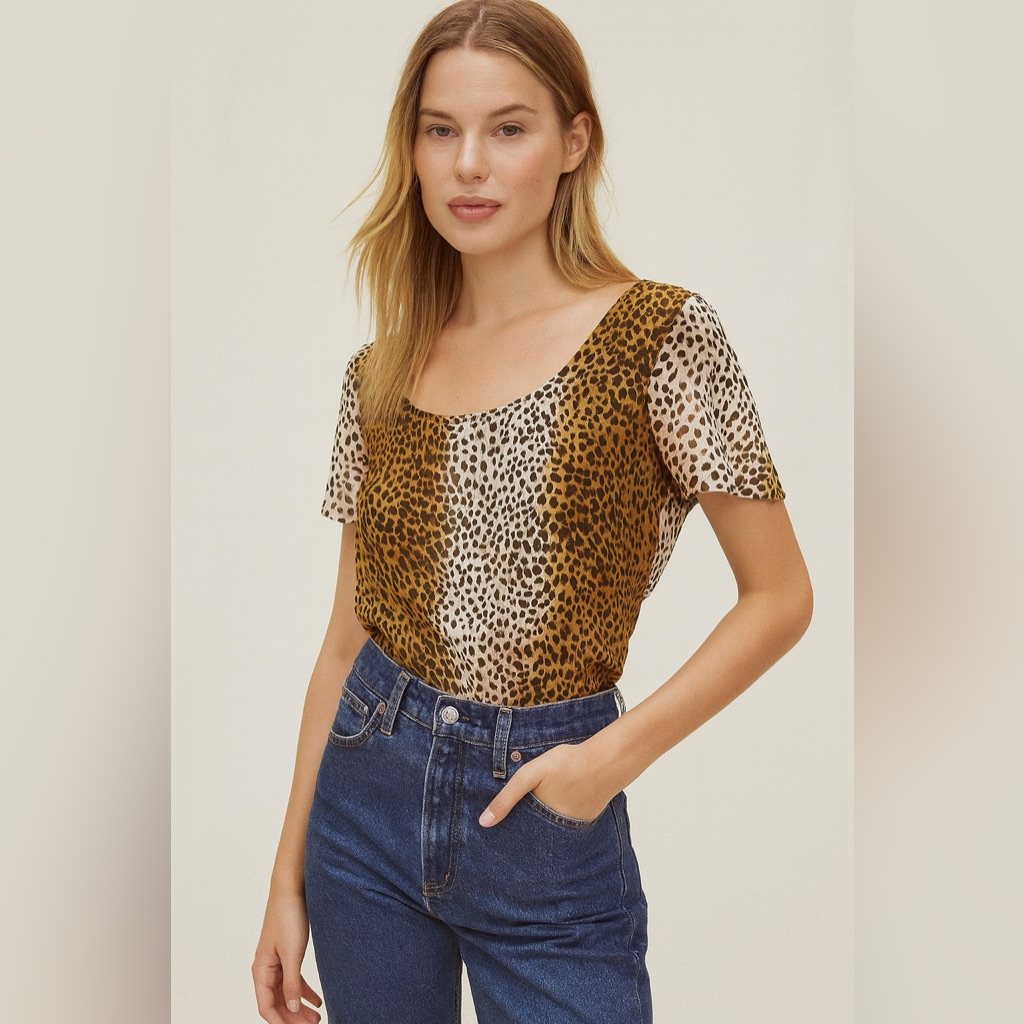 100% Silk Leopard Print Blouse Top Semi-Sheer Animal Print